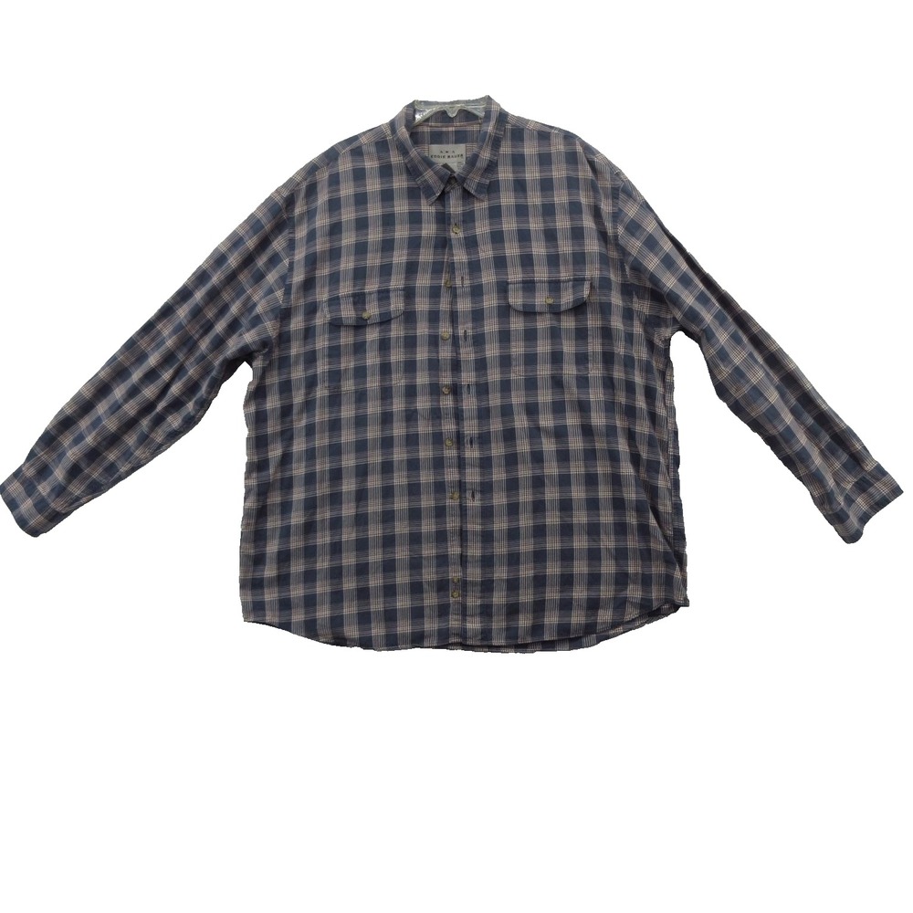 Eddie Bauer Shirt Mens 2XL AKA Blue Plaid 100% Cotton Long Sleeve Hong Kong VTG